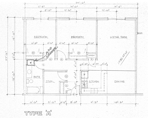 Floor plan for 2 beds, 1 bath, 1086 sqft